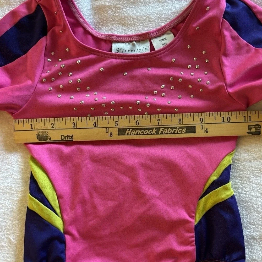 Freestyle Danskin Leotard Kids 6/6X Pink Rhinestone Long Sleeve Gymnastics Dance